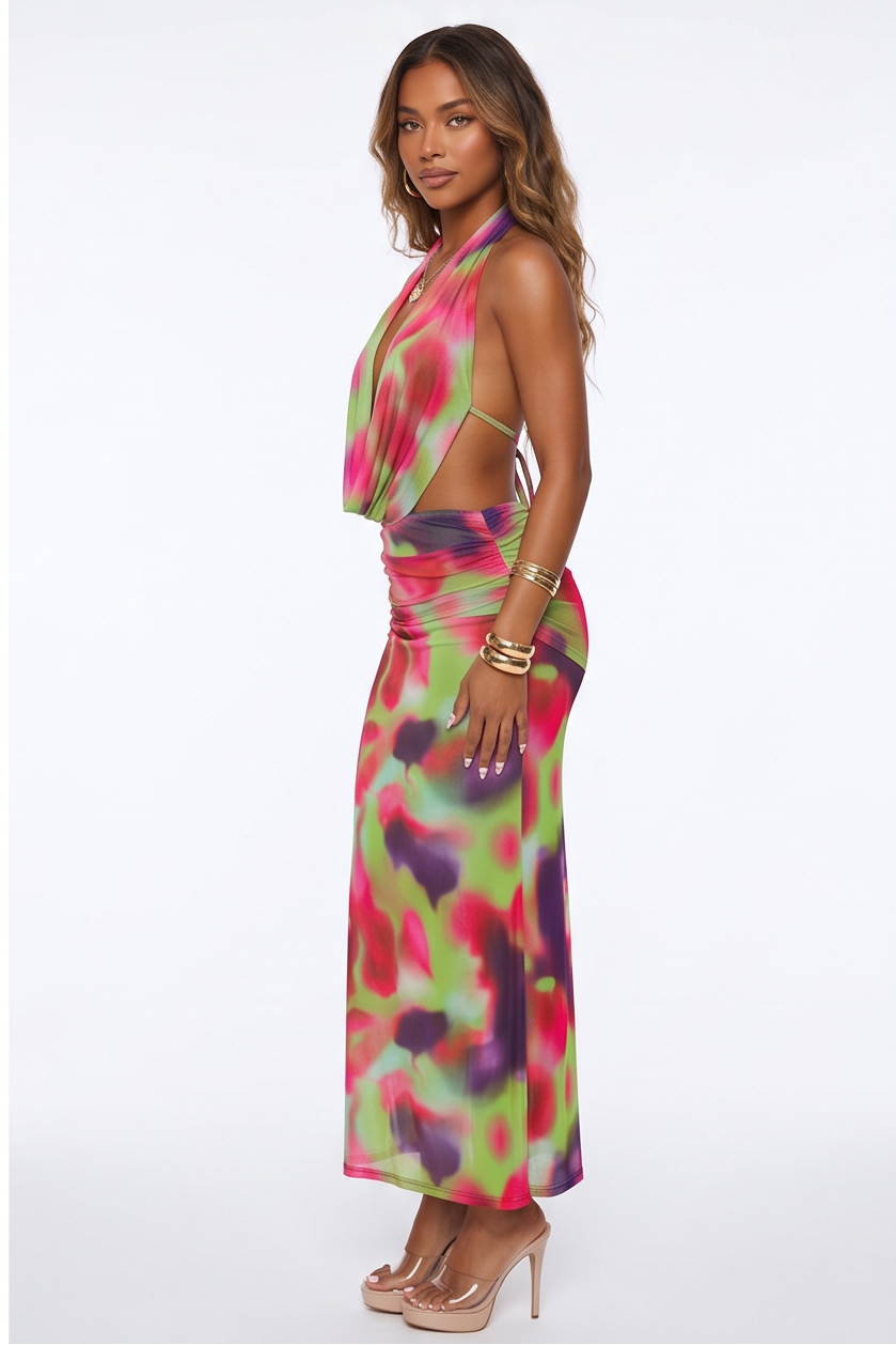 Cataleya Vibrant Print Plunge Cowl Neck Maxi Dress