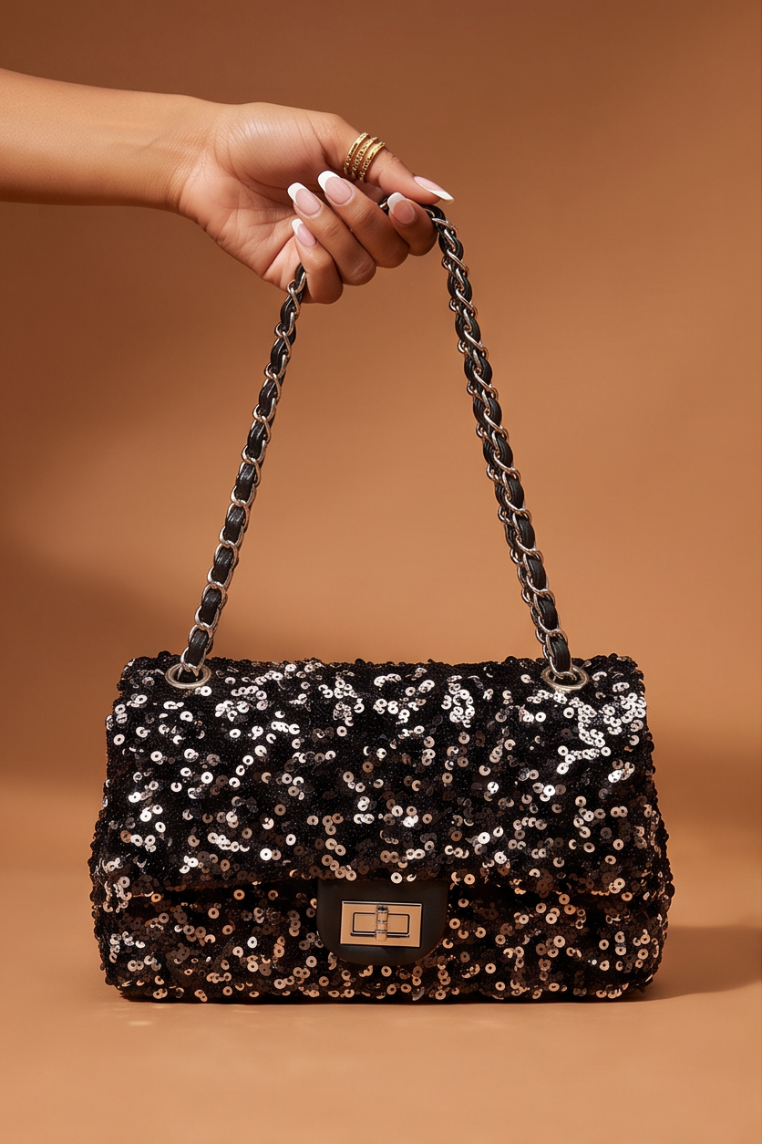 A black sequined handbag shown in a four-panel collage: held by a hand on the top left, standing upright on the top right, a close-up of the front clasp on the bottom left, and open to show the interior on the bottom right. The bag has a black body covered in reflective sequins, a chain shoulder strap, and a large silver-tone front clasp.