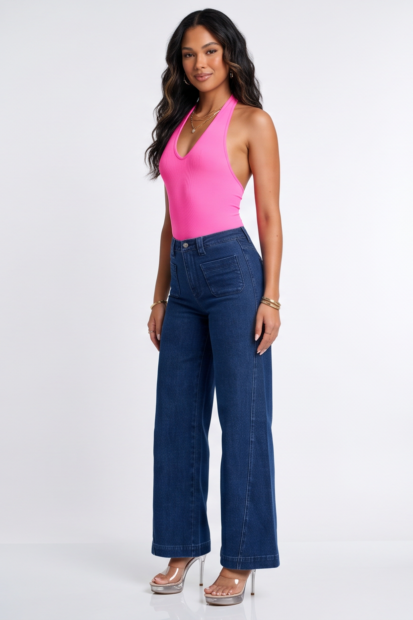 Dark Blue Wash High Waisted Retro Wide Leg Jeans