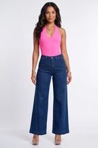 Dark Blue Wash High Waisted Retro Wide Leg Jeans