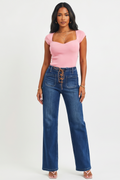 Dark Wash Front Tie High Rise Wide Leg Jeans