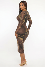 Sienna Deep V Swirl Print Cut Out Front Midi Dress