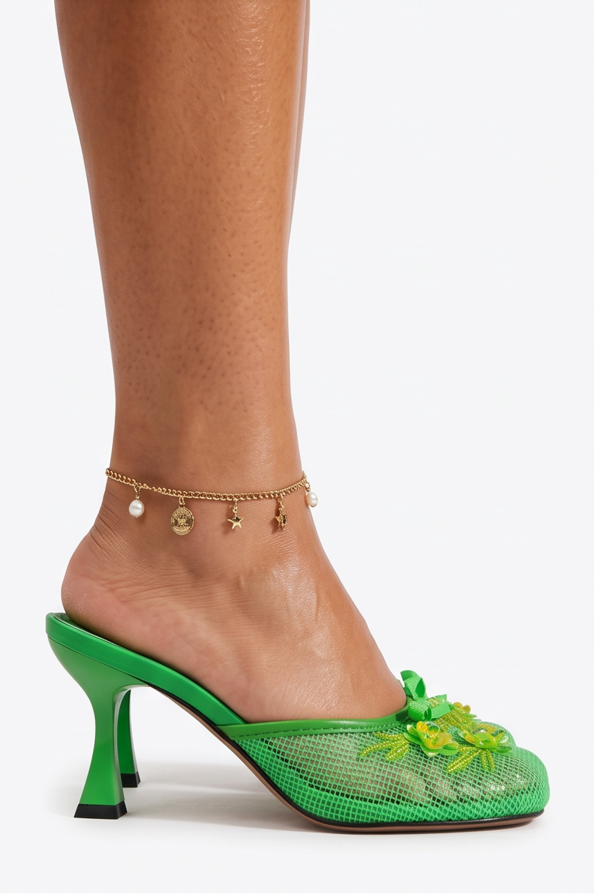 Delilah Sequin Beaded Mesh Kitten Heel Mules