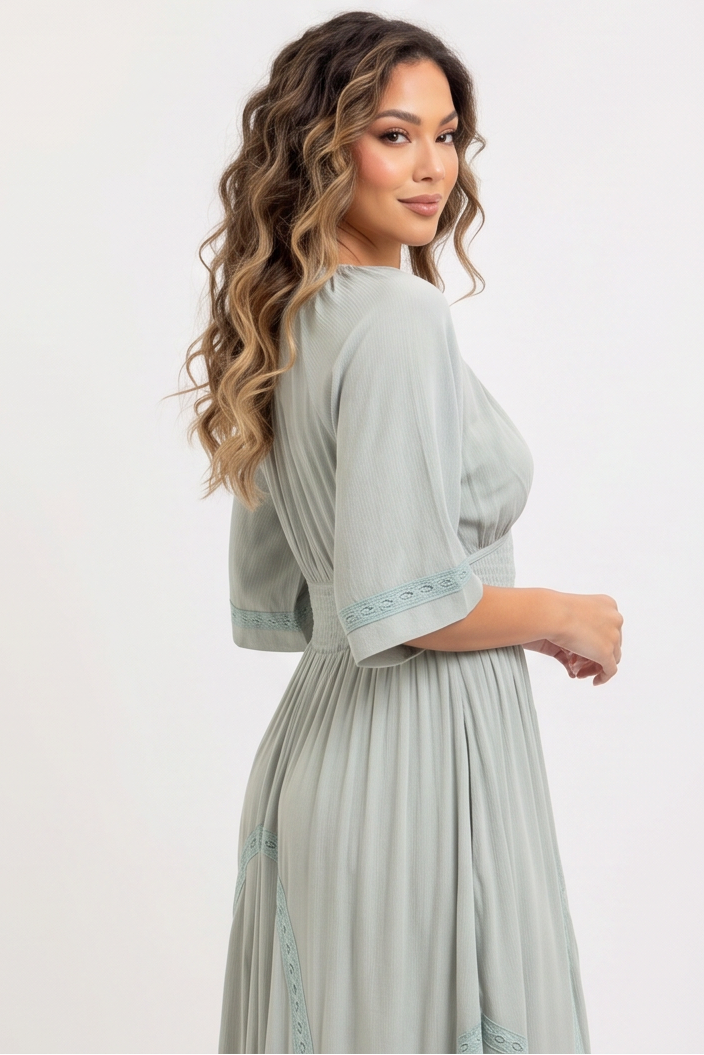 Elodie Deep V Neckline Smocked Bodice Flowy Maxi Dress