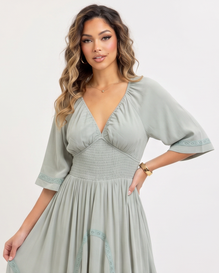 Elodie Deep V Neckline Smocked Bodice Flowy Maxi Dress