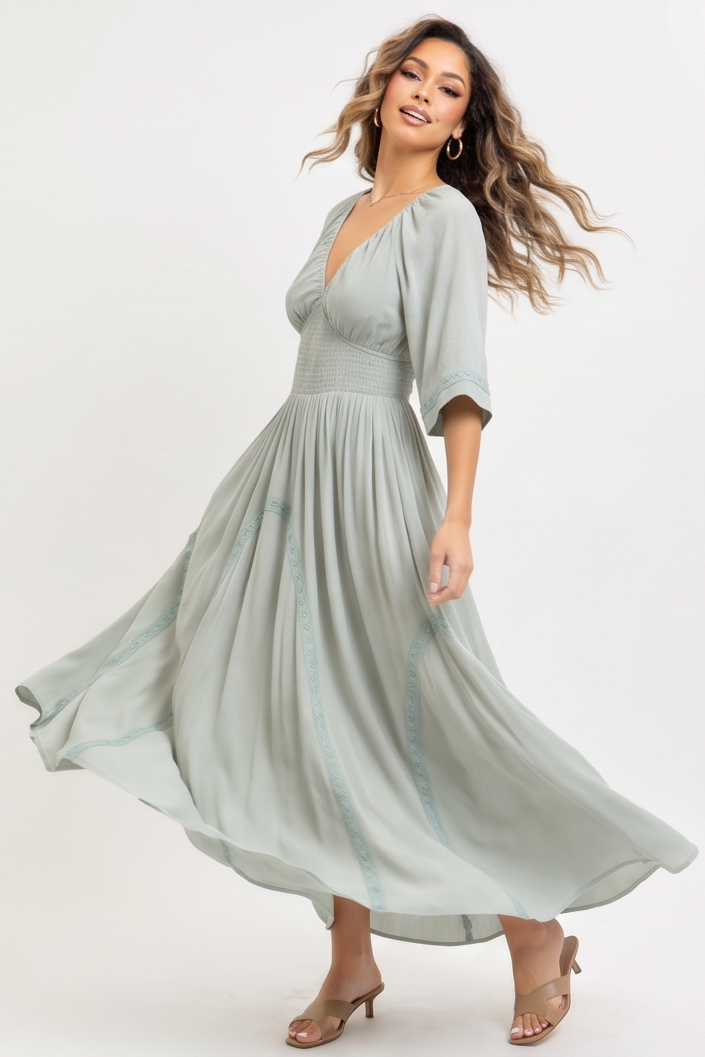 Elodie Deep V Neckline Smocked Bodice Flowy Maxi Dress