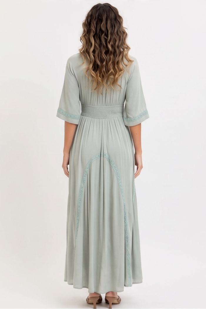 Elodie Deep V Neckline Smocked Bodice Flowy Maxi Dress