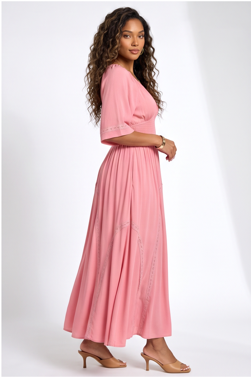 Elodie Deep V Neckline Smocked Bodice Flowy Maxi Dress