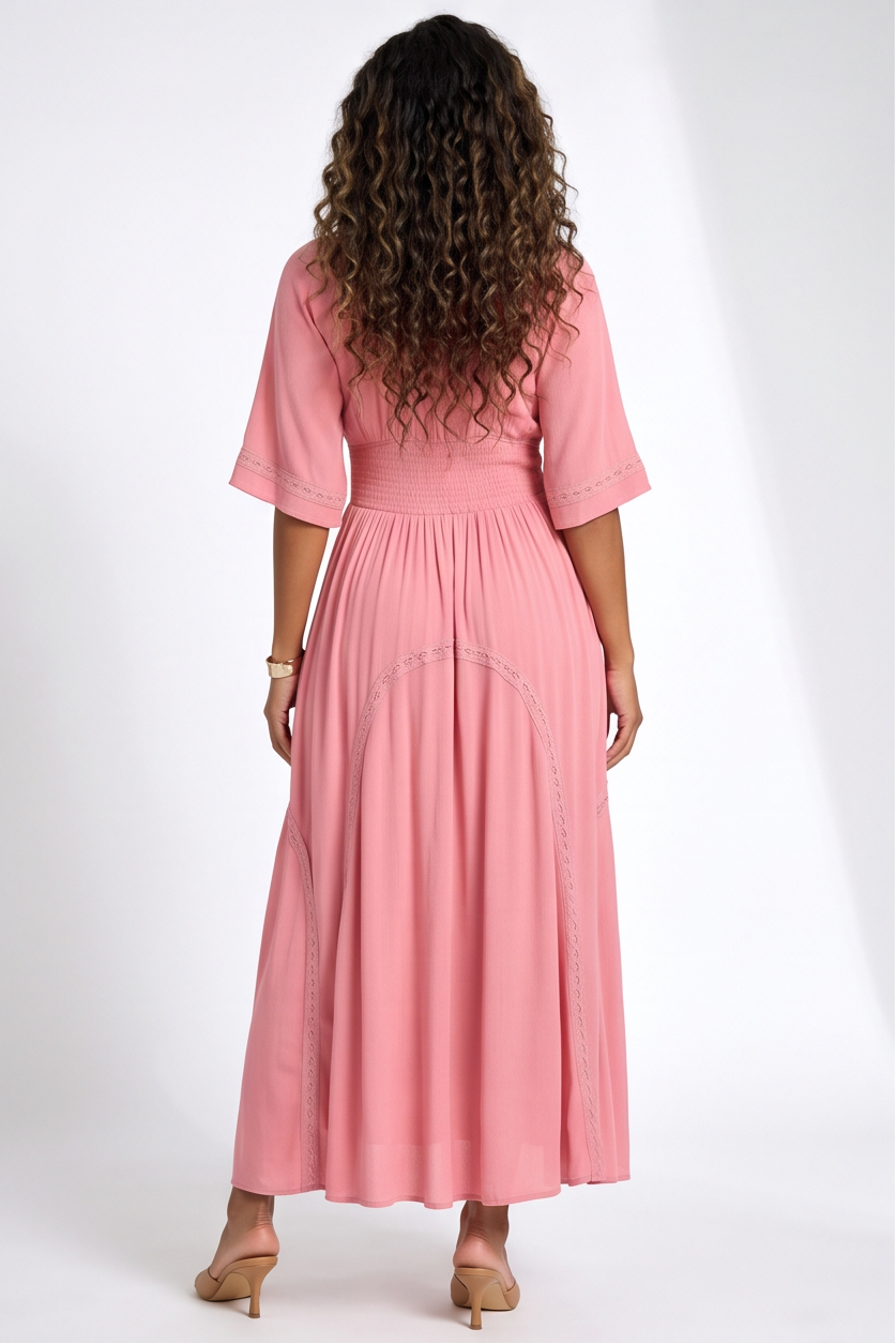 Elodie Deep V Neckline Smocked Bodice Flowy Maxi Dress