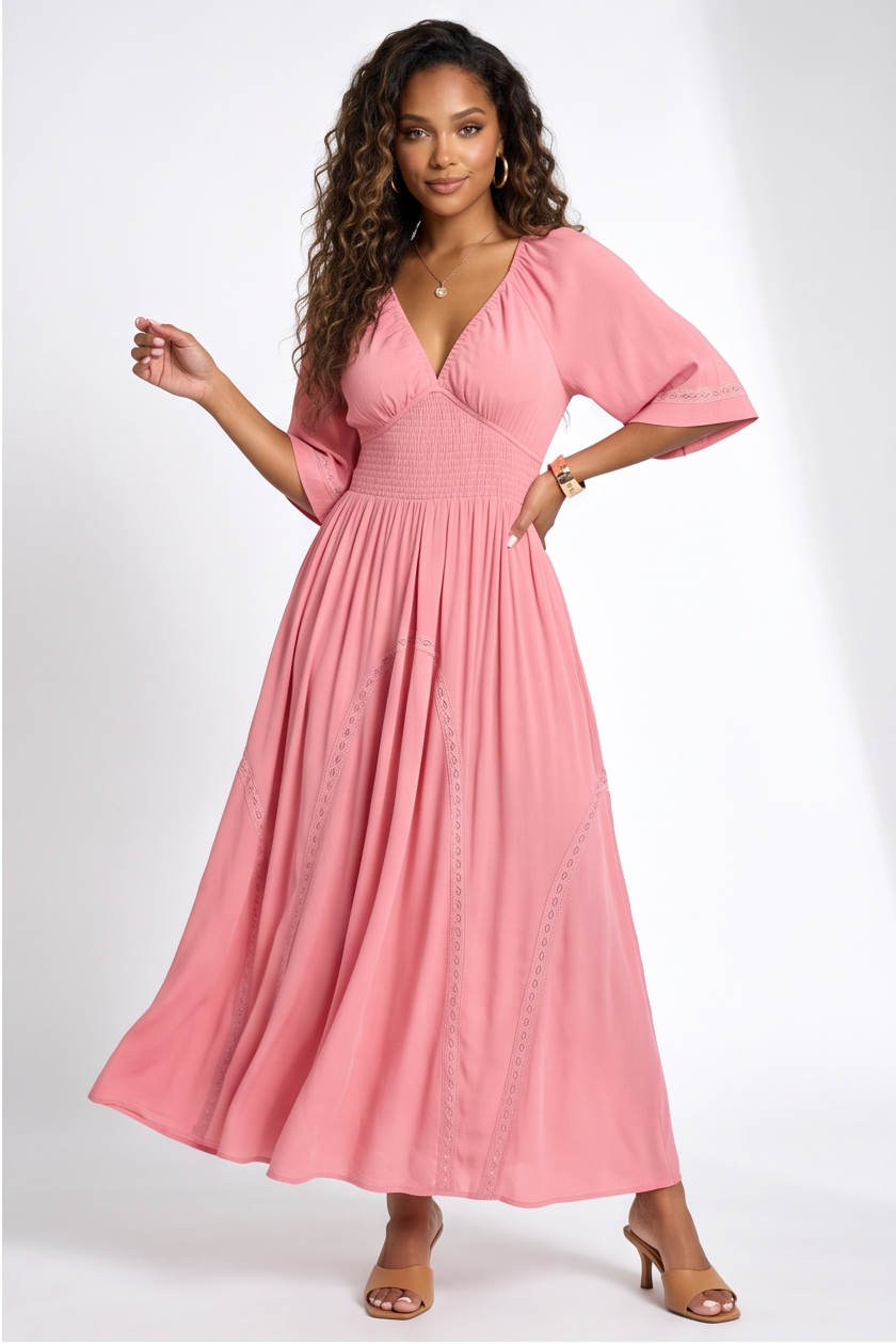 Elodie Deep V Neckline Smocked Bodice Flowy Maxi Dress