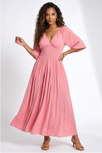 Elodie Deep V Neckline Smocked Bodice Flowy Maxi Dress