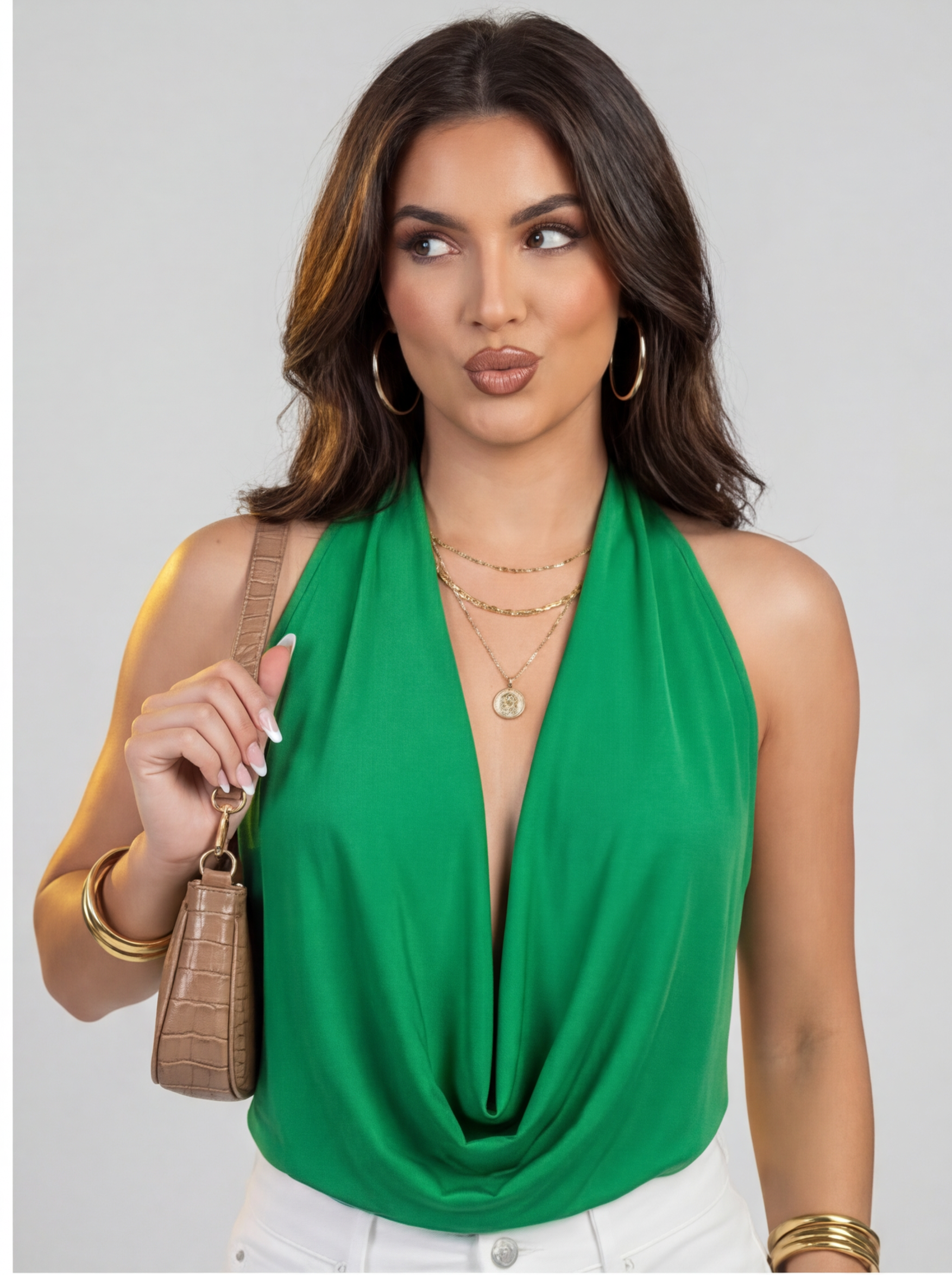 Anissa Open Back Plunge Cowl V Neck Halter Top