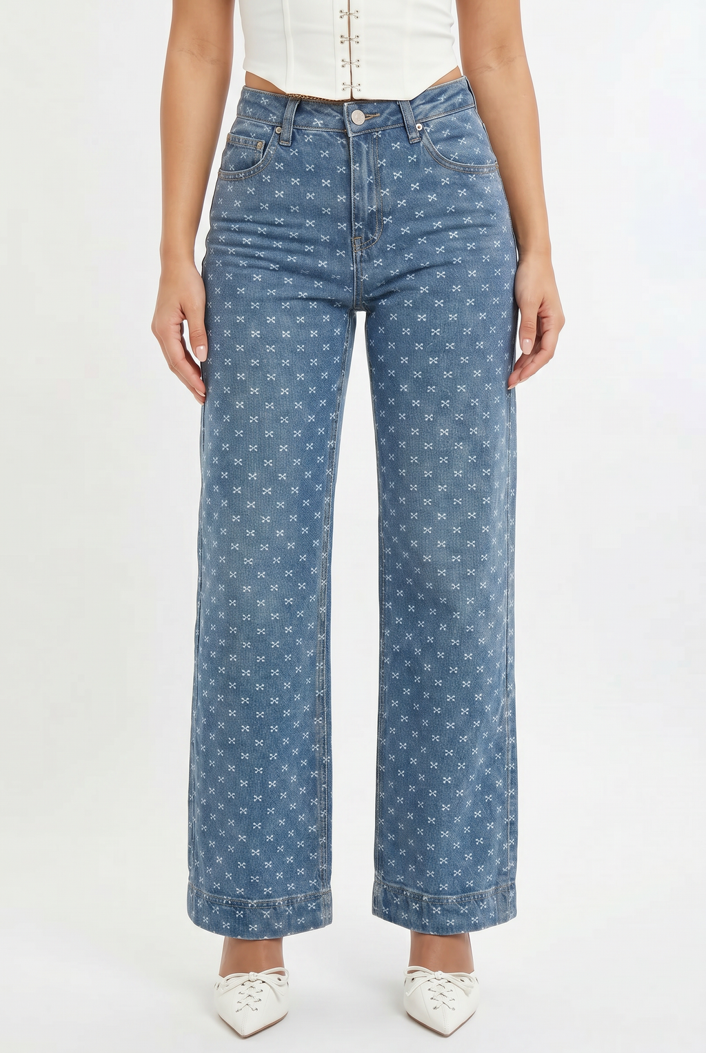 Bow Detail High Rise Embroidered Wide Leg Jeans