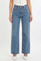 Bow Detail High Rise Embroidered Wide Leg Jeans