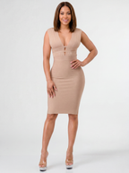 Pamela Deep V Cinched Waist Midi Bandage Dress