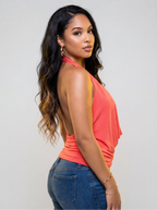 Anissa Open Back Plunge Cowl V Neck Halter Top