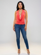 Anissa Open Back Plunge Cowl V Neck Halter Top