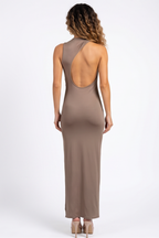 Olora Mock Neck Side Slit Open Back Maxi Dress