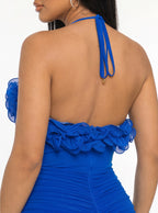 Isabella Ruched Floral Trim Ruched Bodycon Halter Midi Dress