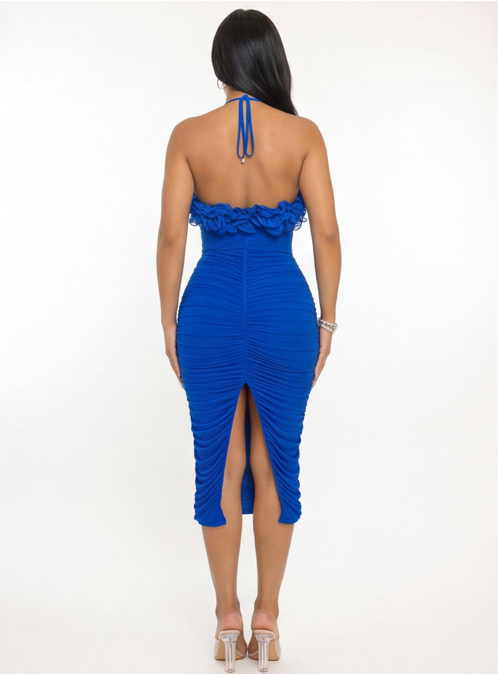 Isabella Ruched Floral Trim Ruched Bodycon Halter Midi Dress