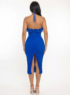 Isabella Ruched Floral Trim Ruched Bodycon Halter Midi Dress