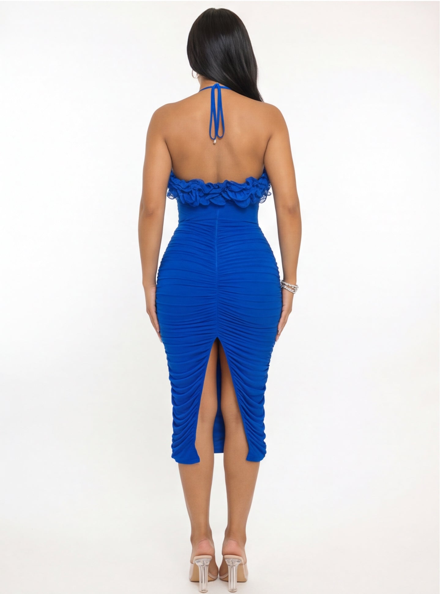 Isabella Ruched Floral Trim Ruched Bodycon Halter Midi Dress