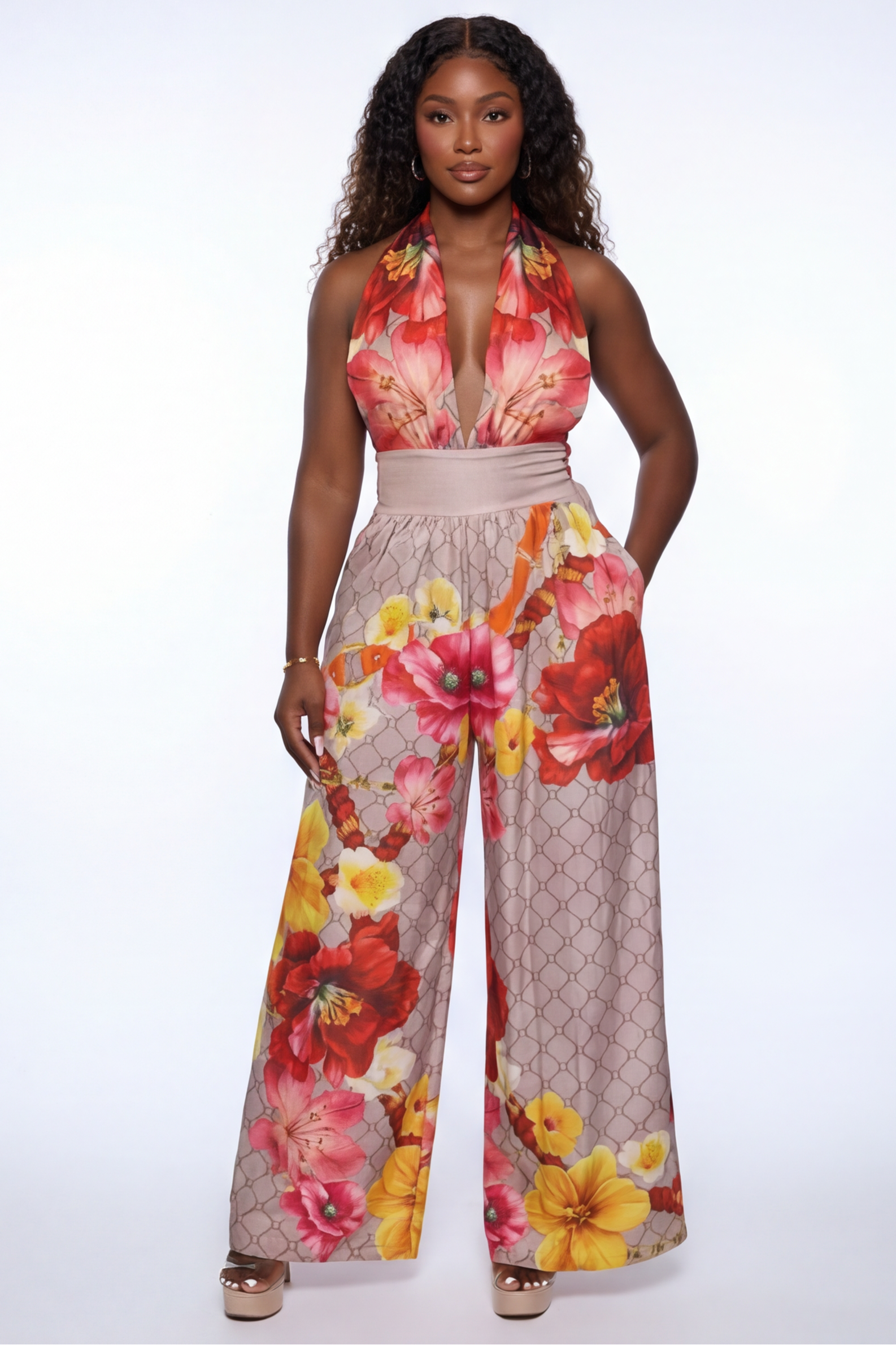 Isla Floral Print Deep V Neck Open Back Jumpsuit