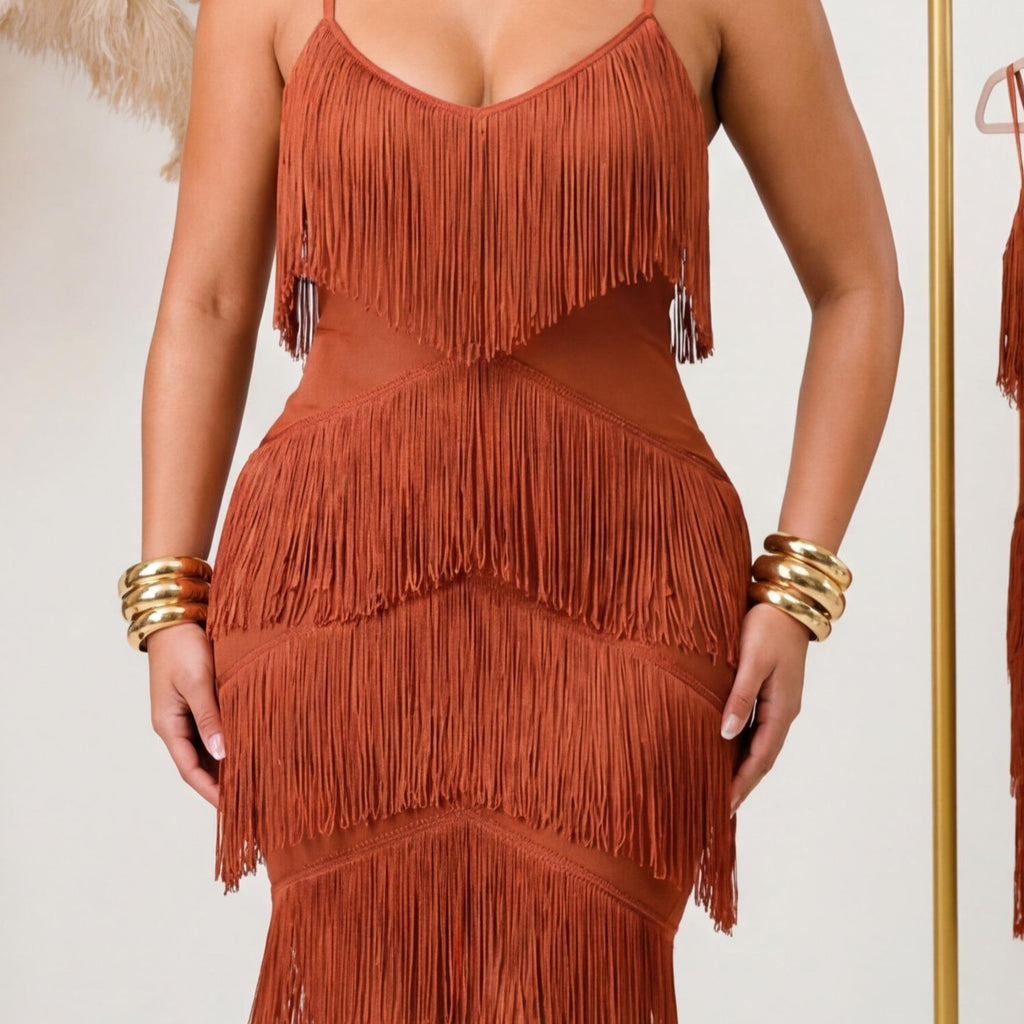 Josephine Plunge V Neck Fringe Embellished Bandage Midi Dress