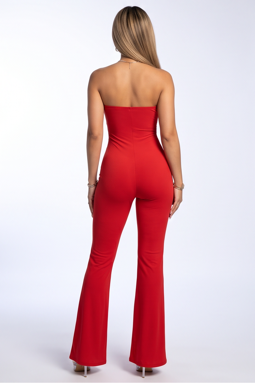 Jade Silver Trim Front Cut Outs Flare Leg Strapless Jumpsuit