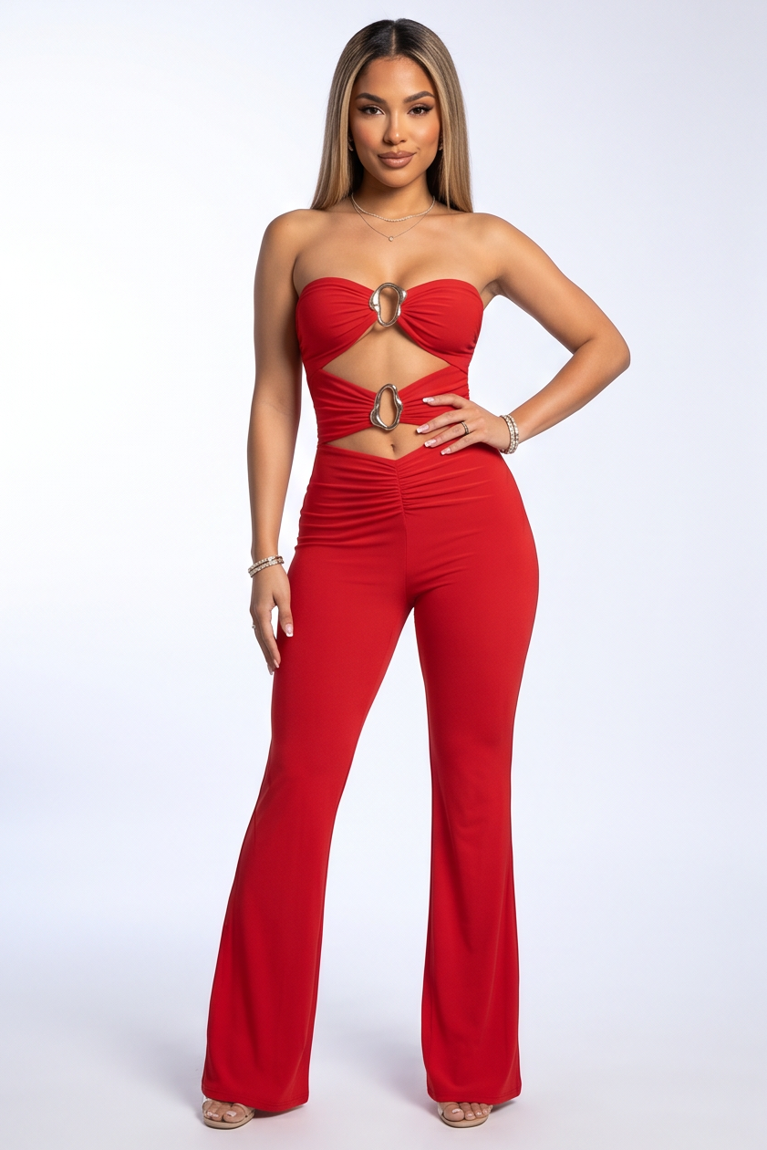 Jade Silver Trim Front Cut Outs Flare Leg Strapless Jumpsuit