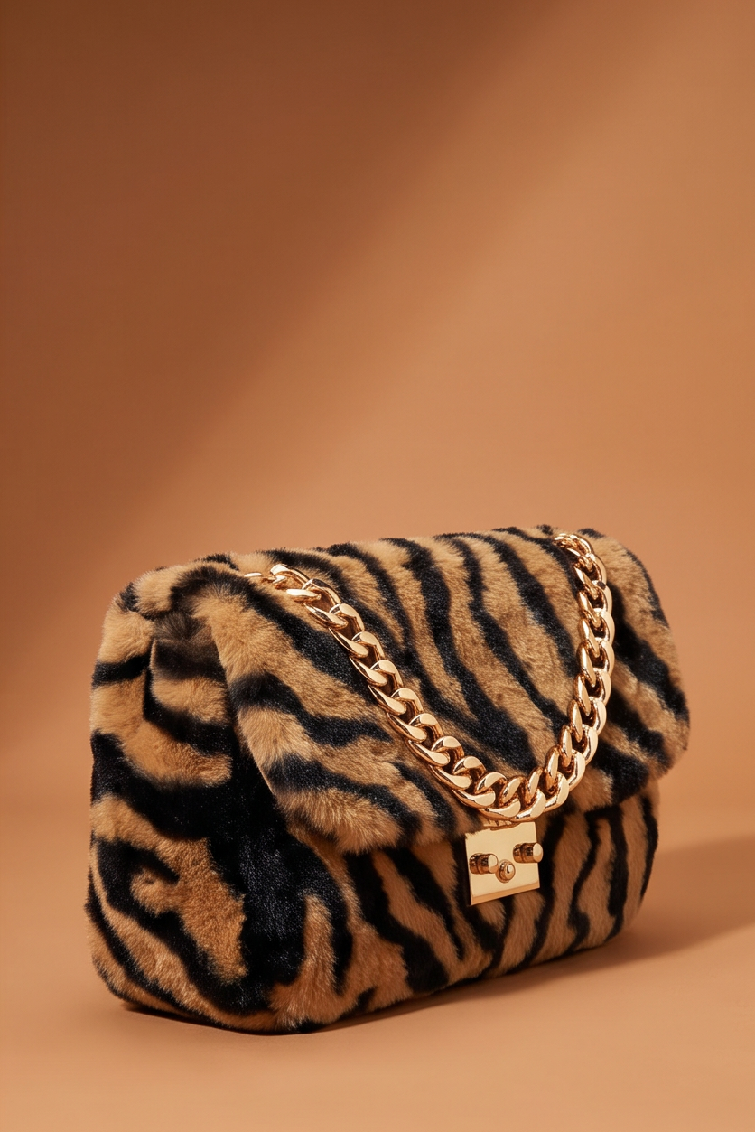 Juvia zebra print faux fur shoulder bag – side view – FETISHE Footwear