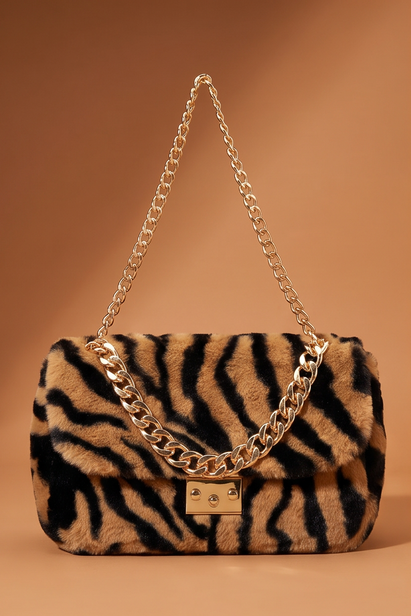 Juvia zebra print faux fur shoulder bag with gold chain strap and turn-lock closure on caramel background – FETISHE Footwear