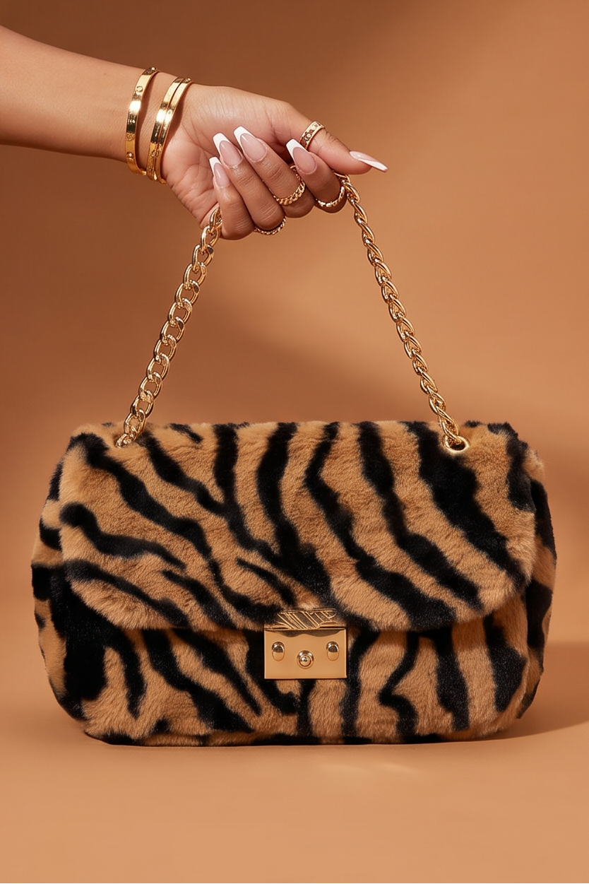 Juvia Zebra Print Faux Fur Chain Strap Shoulder Bag