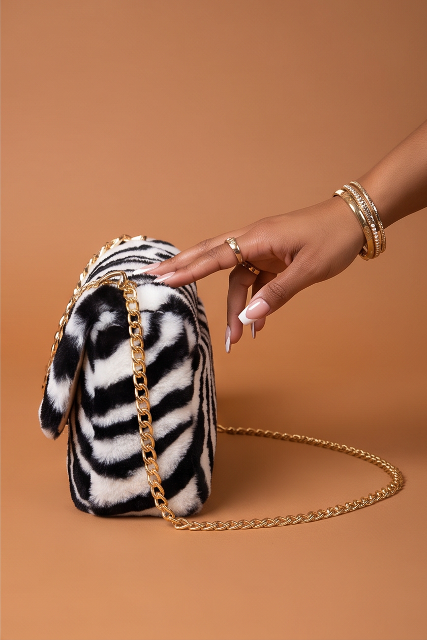 Juvia Zebra Print Faux Fur Chain Strap Shoulder Bag