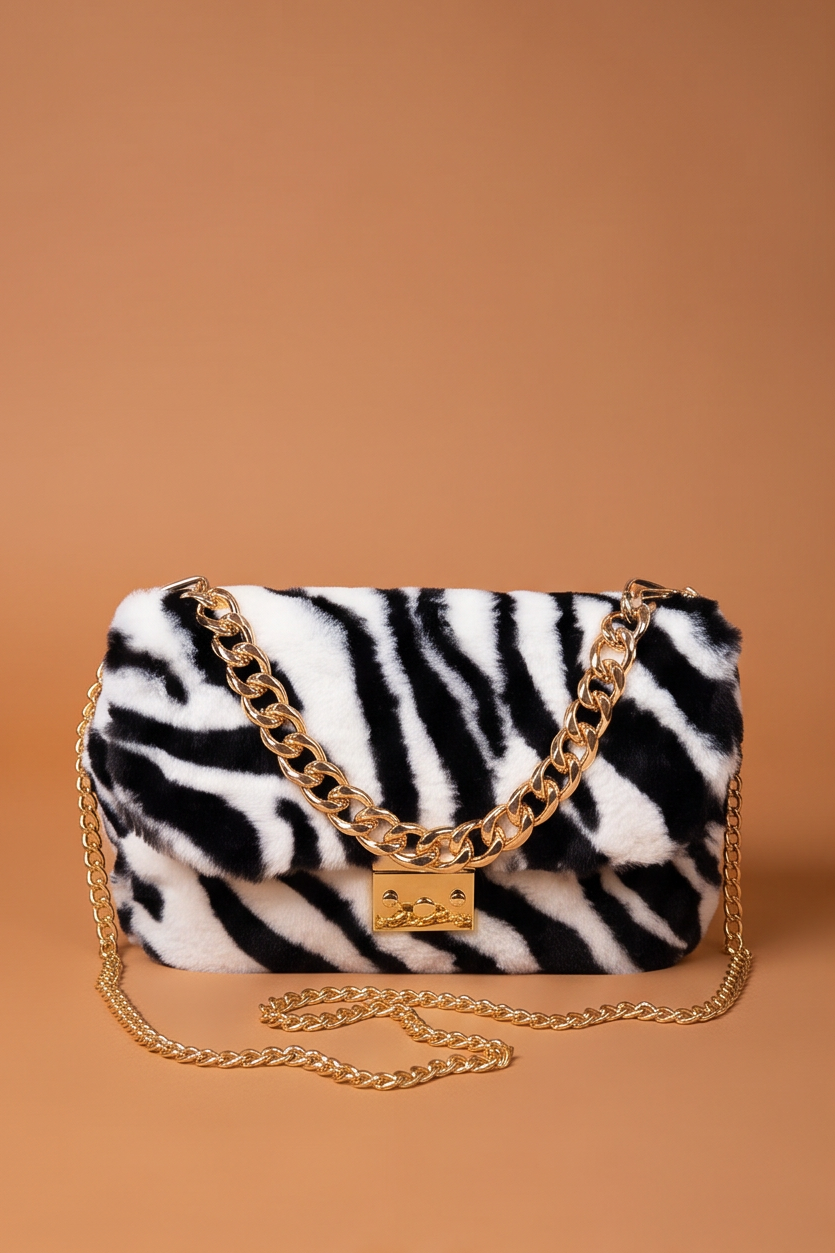 Juvia Zebra Print Faux Fur Chain Strap Shoulder Bag