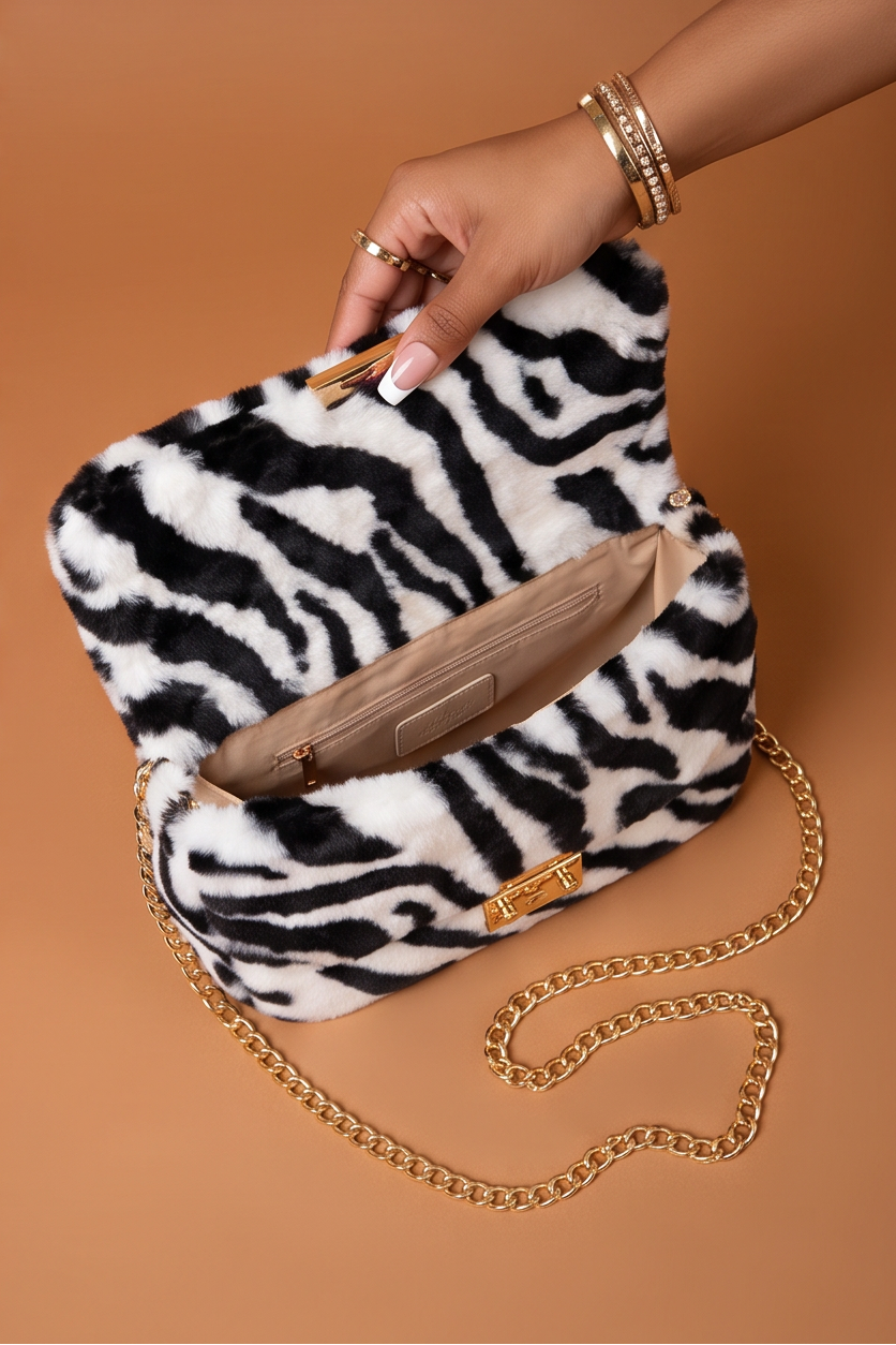 Juvia Zebra Print Faux Fur Chain Strap Shoulder Bag
