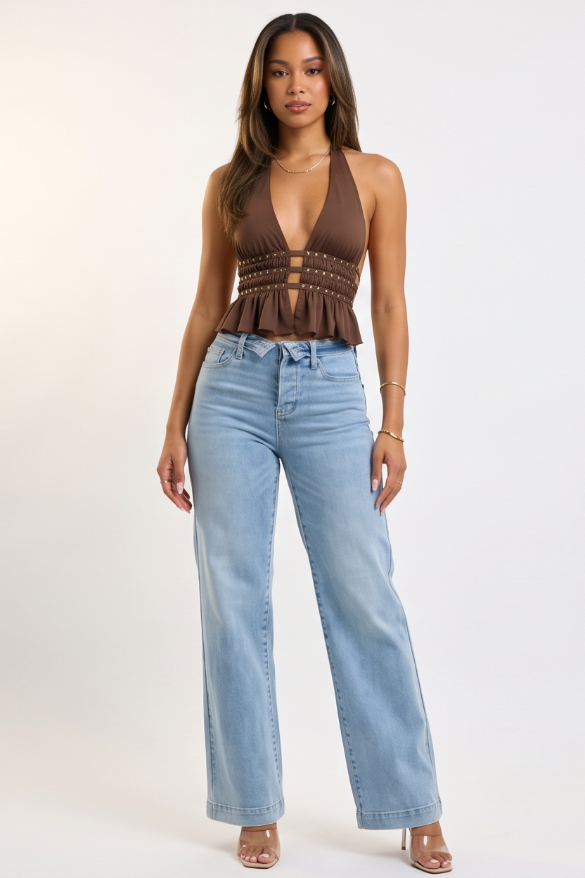 Light Blue Wash Mid Rise Retro Wide Leg Jeans