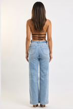 Light Blue Wash Mid Rise Retro Wide Leg Jeans