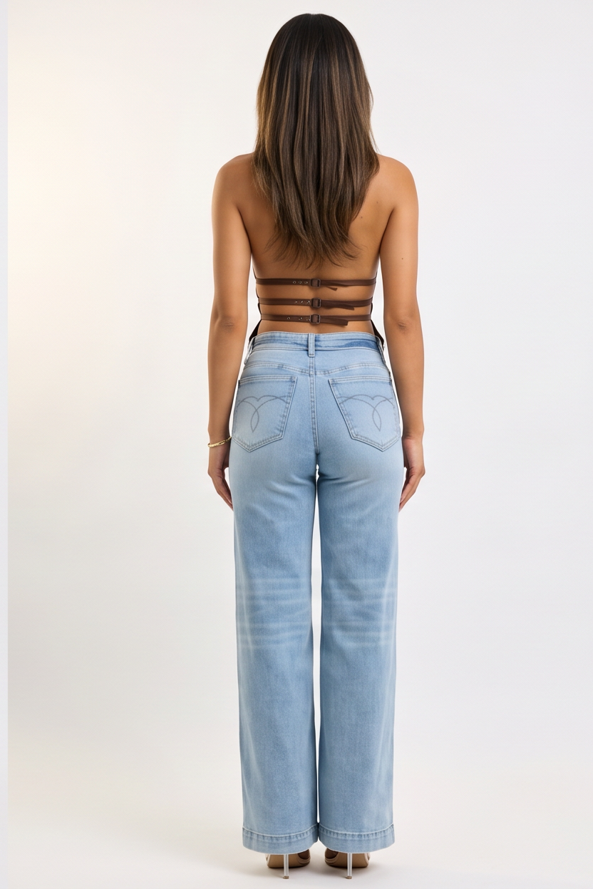 Light Blue Wash Mid Rise Retro Wide Leg Jeans