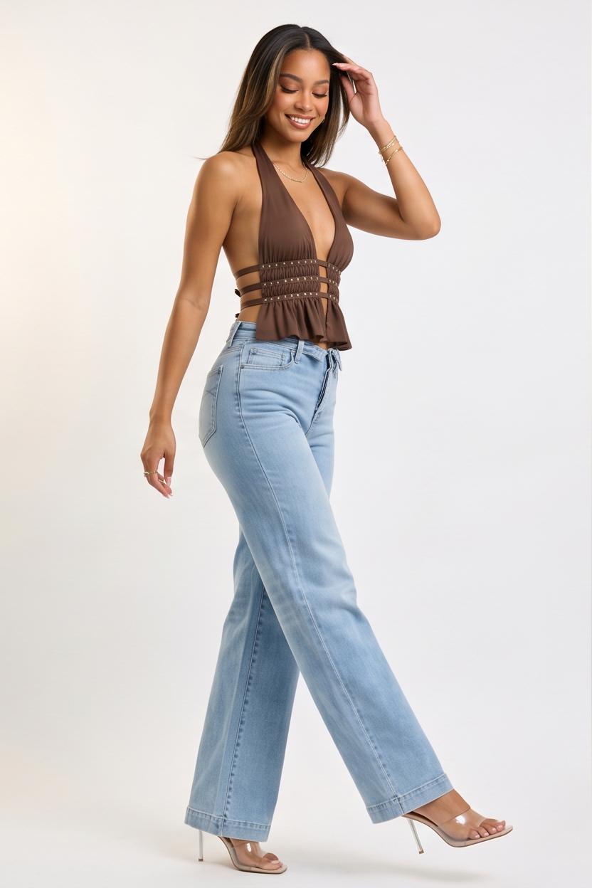 Light Blue Wash Mid Rise Retro Wide Leg Jeans
