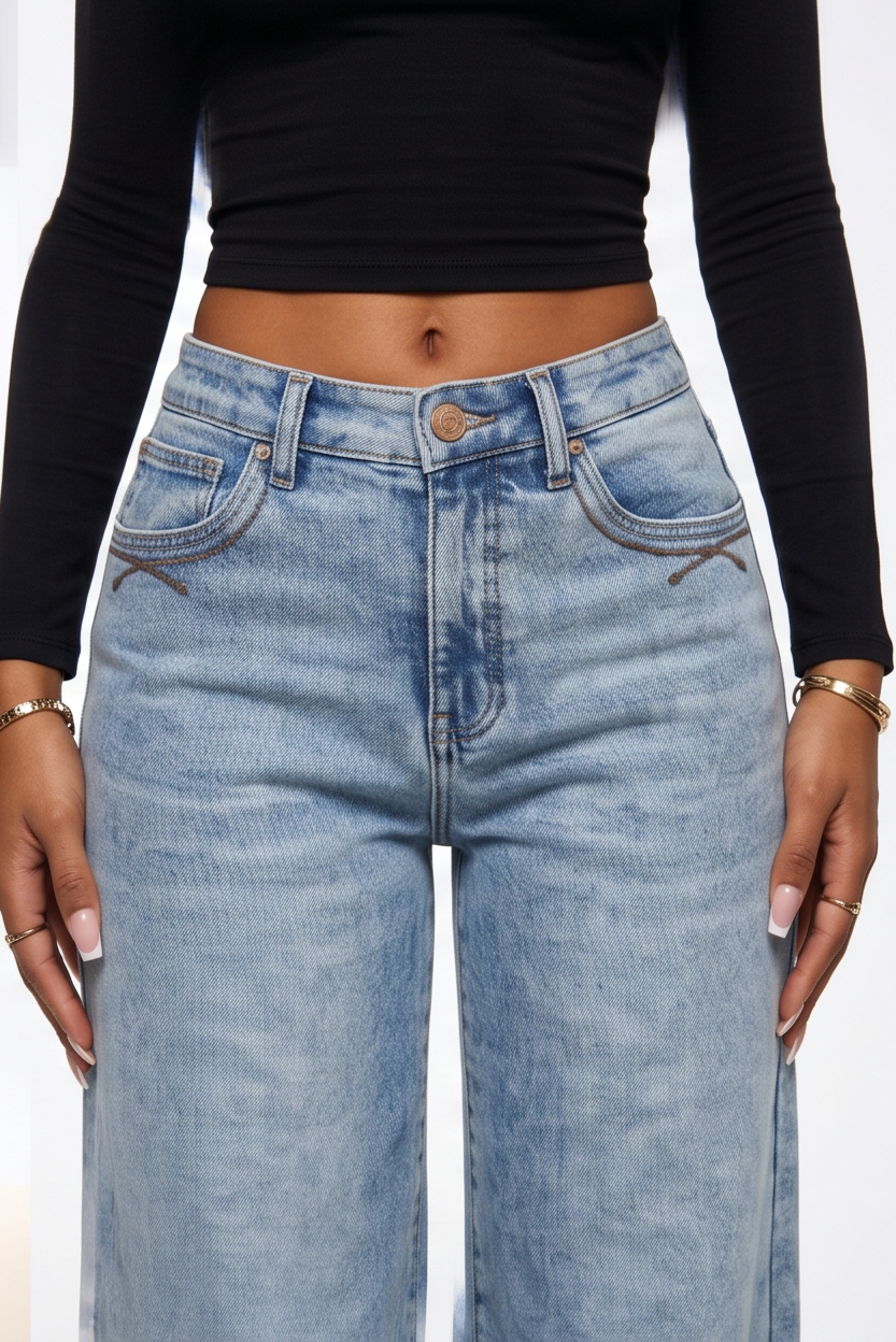 Woman wearing a black top and blue jeans from different angles on a white background