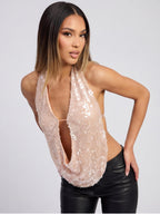 Lorissa Sequined Cowl Drape Open Back Halter Top