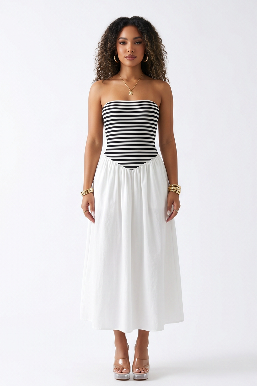 Marbella Striped Flowy Strapless Maxi Dress