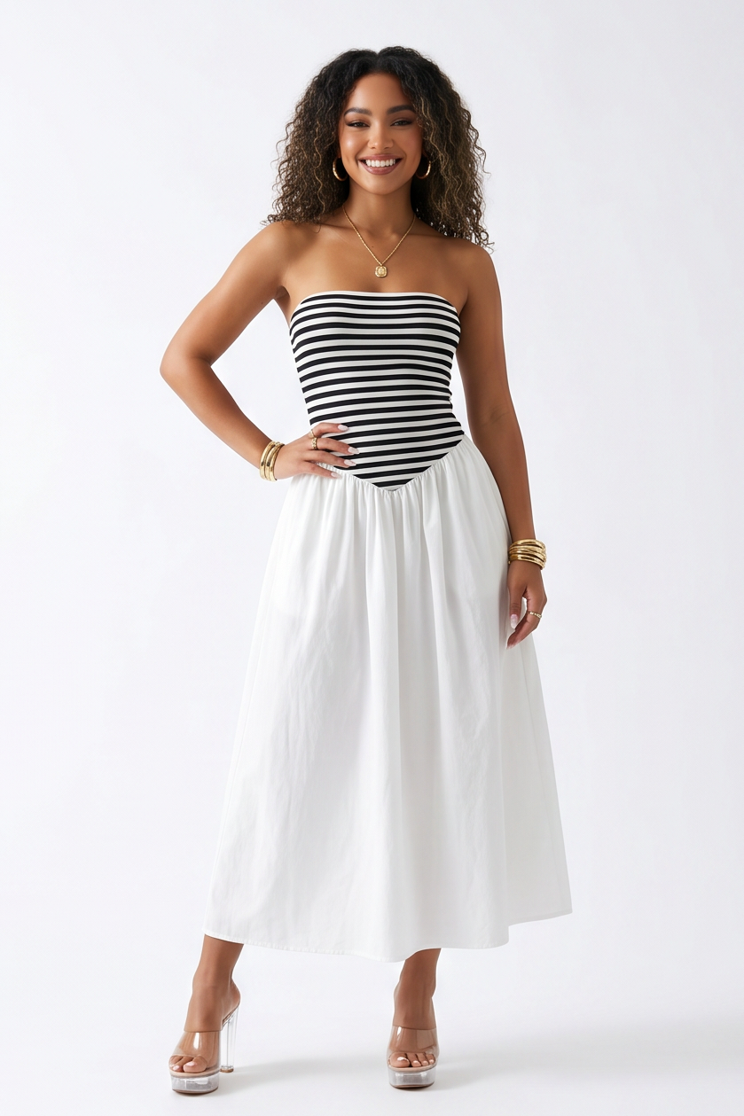 Marbella Striped Flowy Strapless Maxi Dress