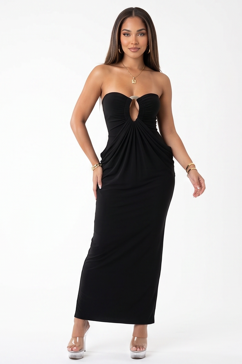 Black strapless dress shown from multiple angles on a white background