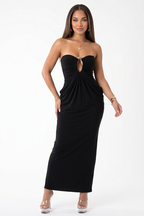 Black strapless dress shown from multiple angles on a white background