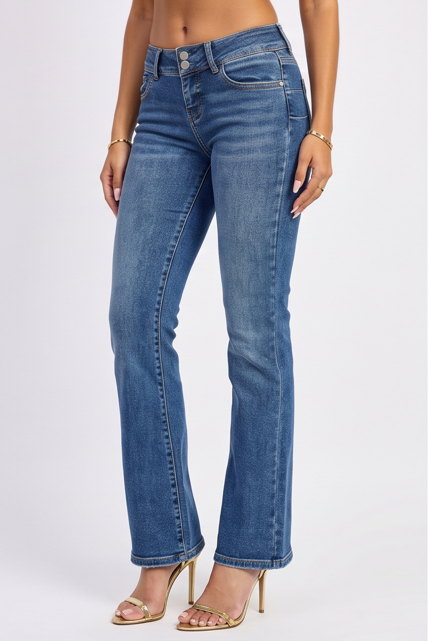 Woman modeling an orange top and blue jeans from different angles on a white background