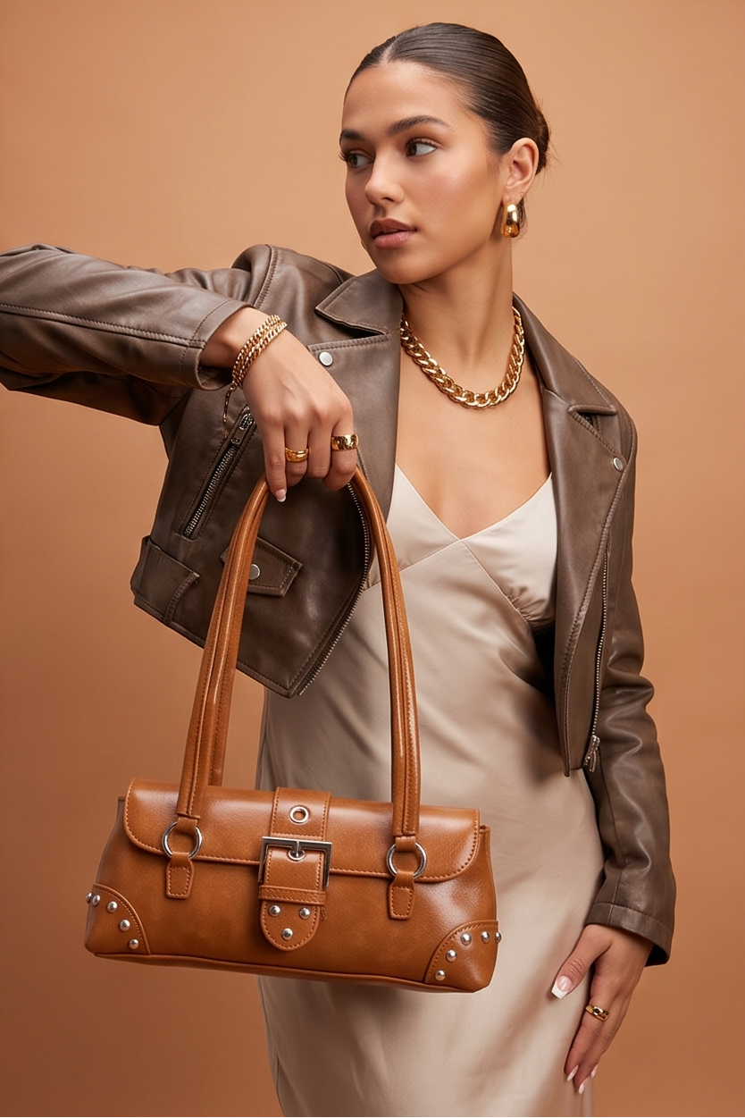 Milan Buckle Detail Studded Shoulder Bag