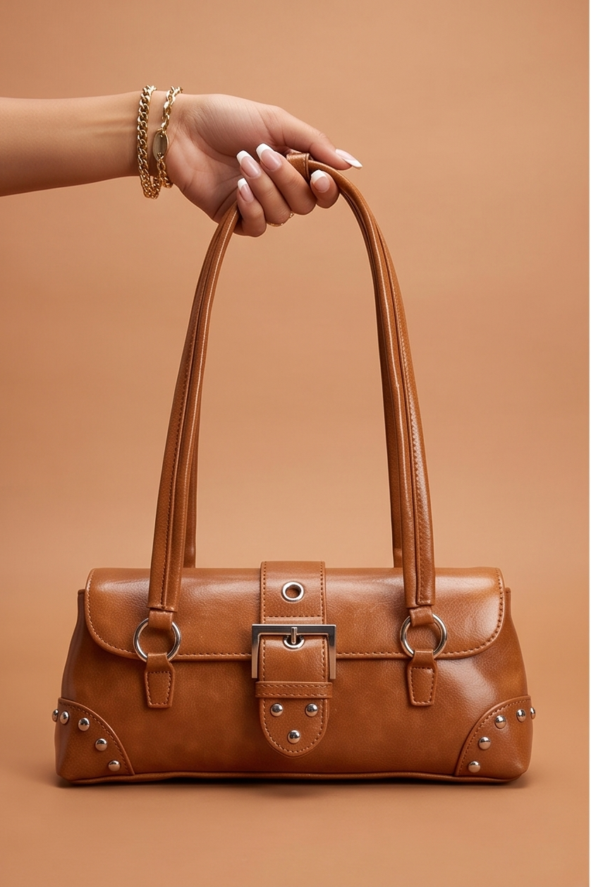 Milan Buckle Detail Studded Shoulder Bag