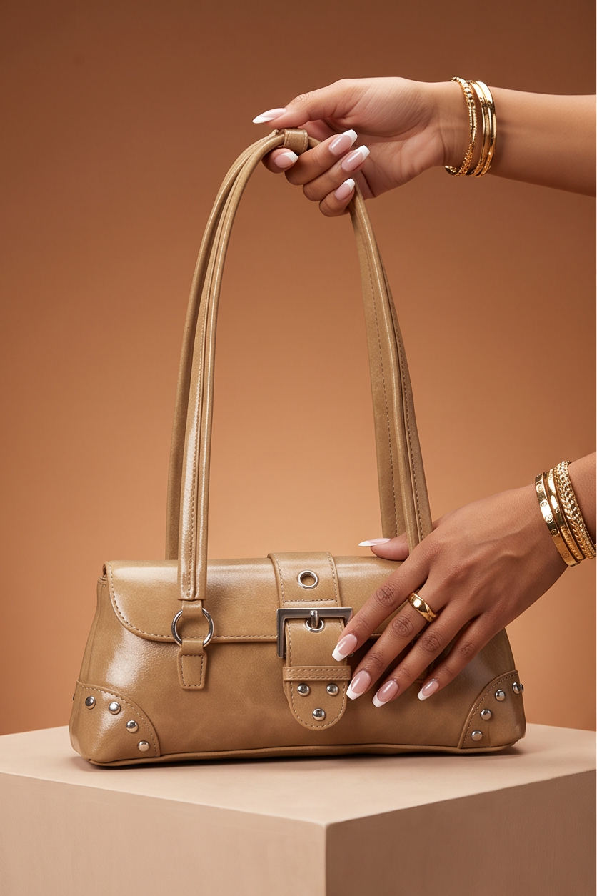 Milan Buckle Detail Studded Shoulder Bag